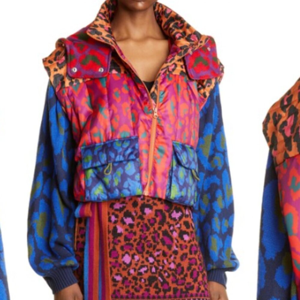 Colourful Leopard-Print Farm Rio Hooded Cropped Puffer Jacket in size Medium